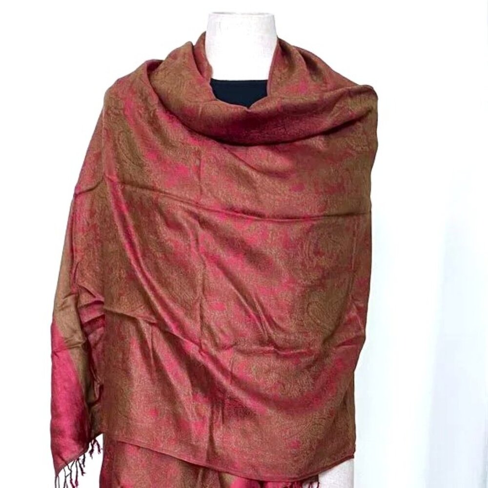 Gold Filigree Floral Design on Pink Pashmina Shawl